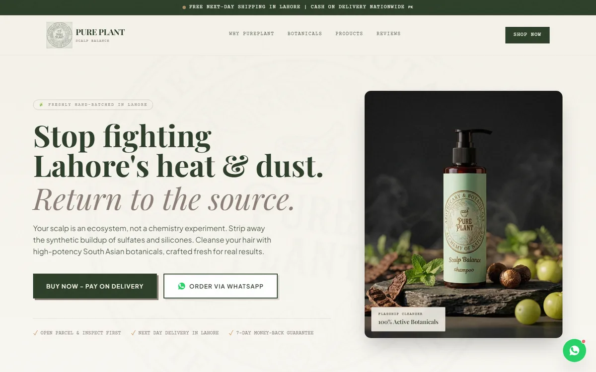 The Pureplant.pk store, first screen: 'Stop fighting Lahore's heat & dust.' beside a bottle of Scalp Balance shampoo